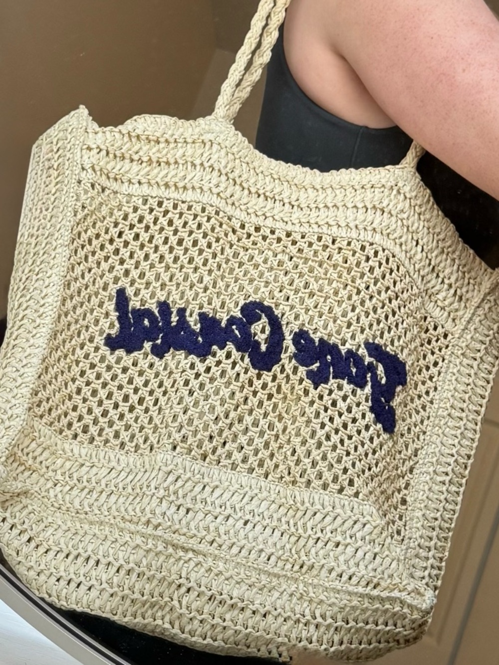 Handwoven Cream Crochet Tote Bag with Navy Script
